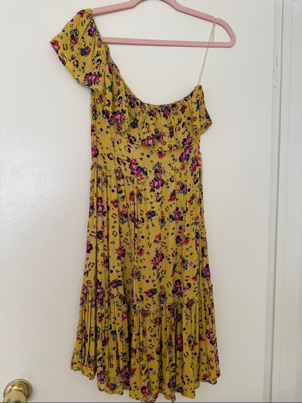 One-Shoulder Floral Midi Dress in Mustard Yellow